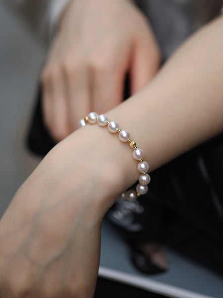 Vintage Gold And Akoya Cultured Pearl Bead Bracelet Wedding Gift 7-7.5mm