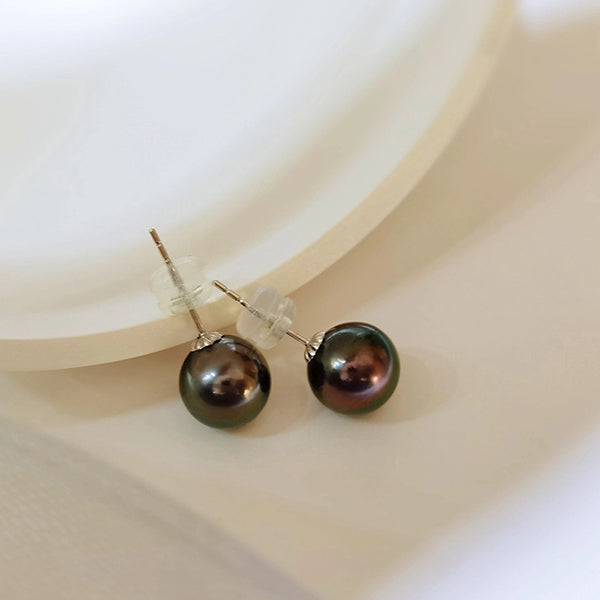 Peacock Green Tahitian South Sea Cultured Pearl Stud Earrings With White Gold