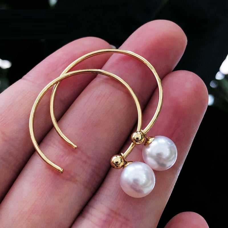 18k Gold White Akoya Saltwater Cultured Pearl Hoop Dangle Earrings