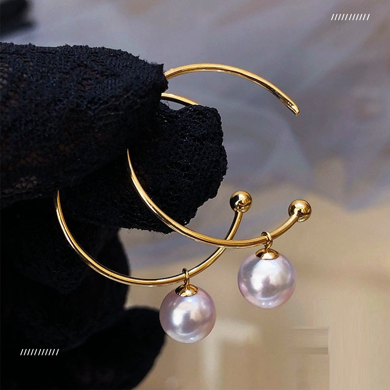 18k Gold White Akoya Saltwater Cultured Pearl Hoop Dangle Earrings