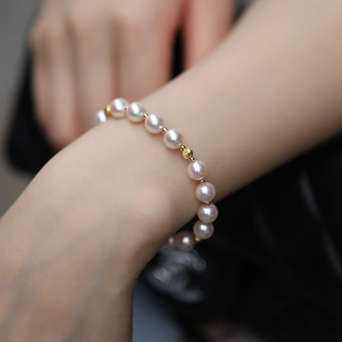 Vintage Gold And Akoya Cultured Pearl Bead Bracelet Wedding Gift 7-7.5mm
