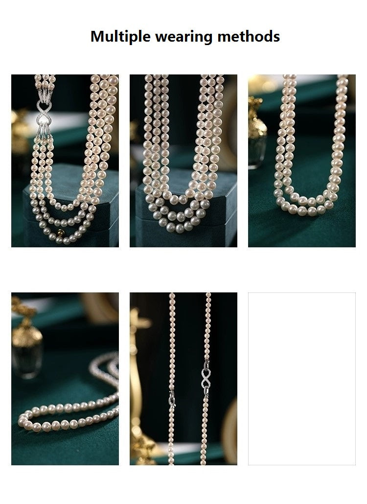 4.5-7.0mm Ultra Long Cultured White Freshwater Pearl Triple Strands Choker Necklace For Bridal