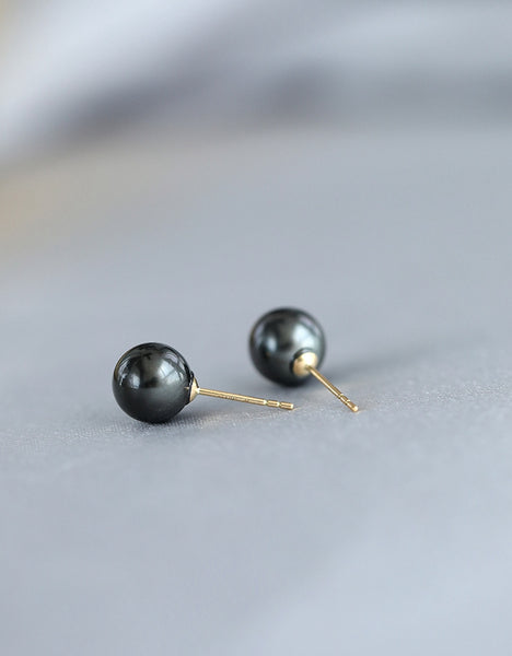 Round Black Tahitian South Sea Cultured Pearls Stud Earrings for Women with 18K Gold