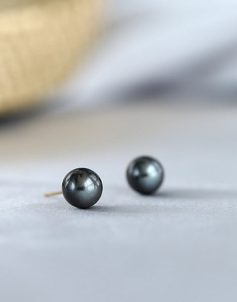Round Black Tahitian South Sea Cultured Pearls Stud Earrings for Women with 18K Gold