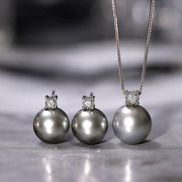 Black Gray/Grey Tahitian South Sea Cultured Pearl Stud Earrings Necklace Jewellery Sets