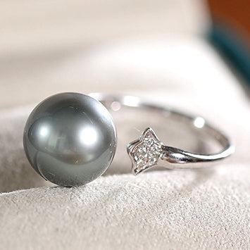 Black Tahitian South Sea Cultured Pearl Women Engagement Ring With Diamond